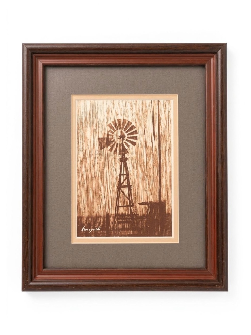Rustic Windmill Wall Art Print in Sepia with Wood Frame Signed Korzynski Vintage